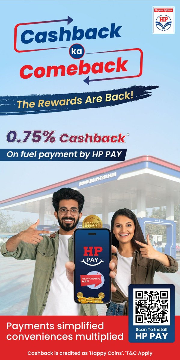 Hpcl_Vizag's tweet photo. ๐ฐ ๐๐ฎ๐๐ต๐ฏ๐ฎ๐ฐ๐ธ ๐ธ๐ฎ ๐๐ผ๐บ๐ฒ๐ฏ๐ฎ๐ฐ๐ธ! ๐
The Rewards Are Back!
Pay with HP PAY at HPCL Retail Outlets and earn 0.75% Cashback as Happy Coins!
โจ๐ ๐ผ๐ฟ๐ฒ ๐ฟ๐ฒ๐๐ฎ๐ฟ๐ฑ๐. ๐ ๐ผ๐ฟ๐ฒ ๐๐บ๐ถ๐น๐ฒ๐. ๐ ๐ผ๐ฟ๐ฒ ๐๐ฎ๐น๐๐ฒ. โจ
#HPPAY #FuelSmart
@HPCL @hpcl_retail
@goelbalram https://t.co/uxE91BSYjq
