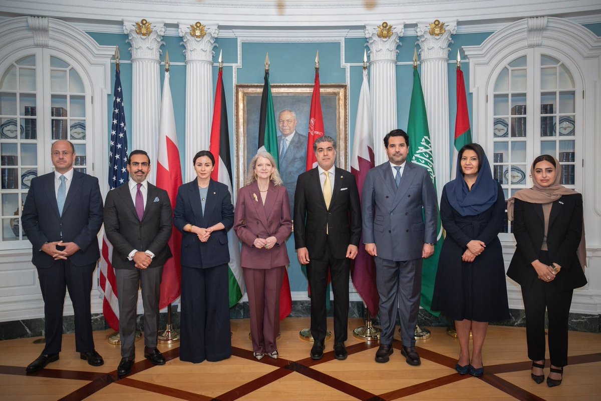 SaudiEmbassyUSA's tweet photo. HRH Ambassador @rbalsaud participated alongside fellow GCC and Jordanian ambassadors in today’s productive discussion with @UnderSecStateP, reaffirming the importance of close coordination to advance regional security, stability, and prosperity. https://t.co/HDfusk1SIw