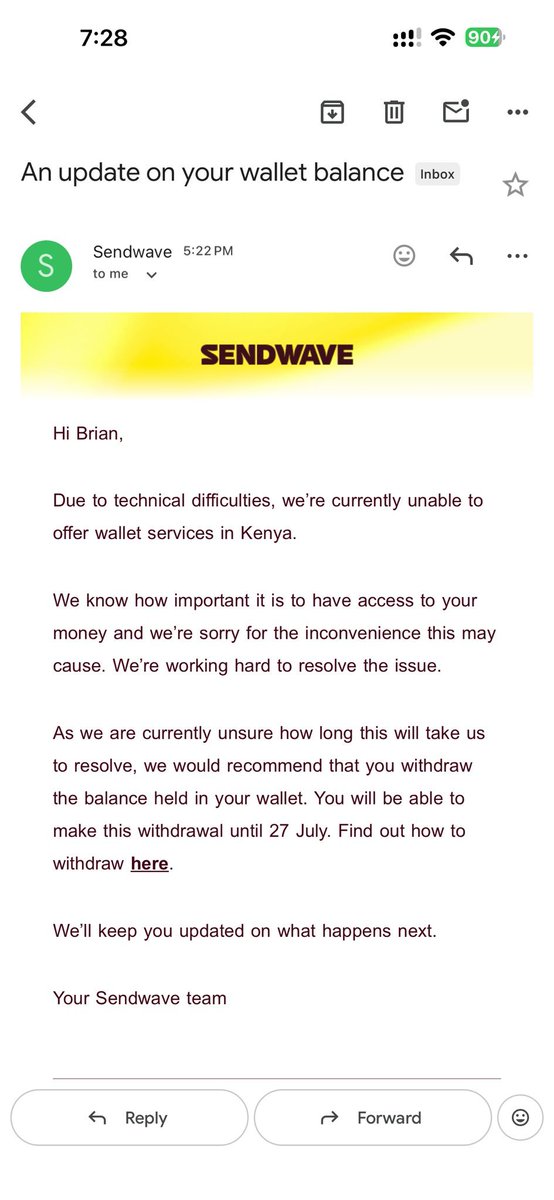 omwambaKE's tweet photo. Seems like Sendwave is exiting the Kenyan market. 
We're being flagged everywhere! https://t.co/m81A2sGSFl