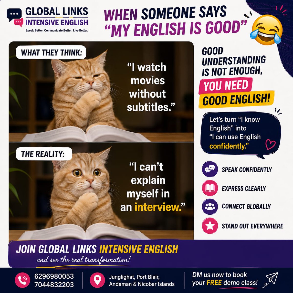 GLintensiveEng's tweet photo. 😂 "My English is good."
Interviewer: "Tell me about yourself."
Me: 👁️👄👁️
Understanding English ≠ Speaking English confidently.

Reply with your answer! 👇
#EnglishLearning #SpeakEnglish #EnglishMemes #SpokenEnglish #LearnEnglish #Andaman #viral https://t.co/t3GZwbPJWa