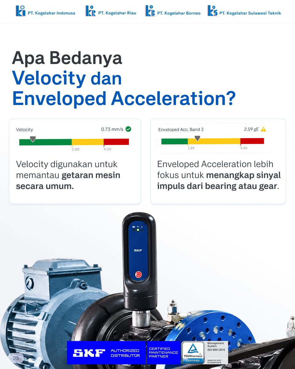 Kogelahar's tweet photo. Velocity, gE Enveloping, dan Temperature

Setiap parameter membaca sinyal yang berbeda dari mesin.

Dengan SKF QuickCollect Sensor, tim maintenance dapat melakukan pengukuran vibration dan temperature dengan lebih cepat, praktis, dan akurat.

#SKF #Kogelahar https://t.co/v4krMM1Mun