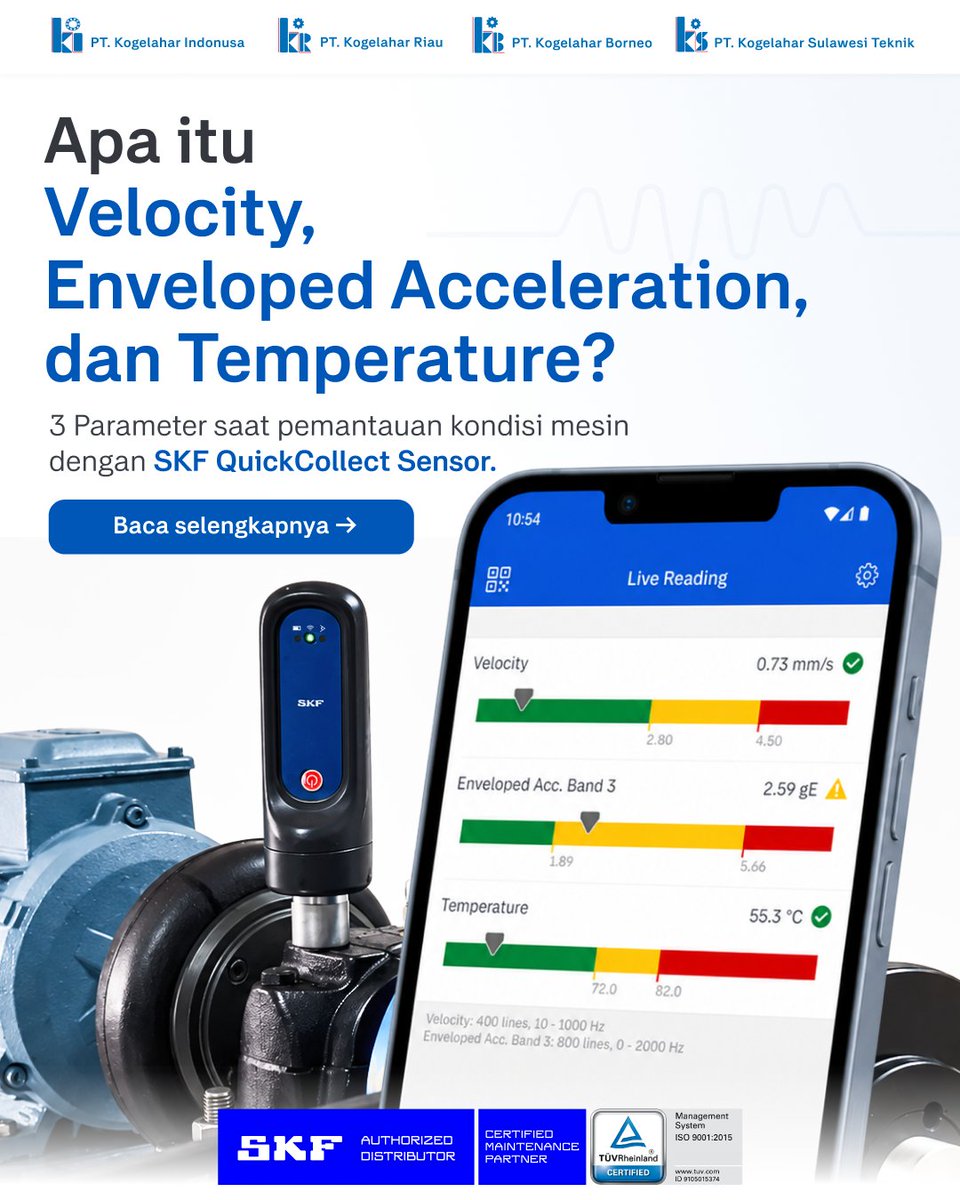 Kogelahar's tweet photo. Velocity, gE Enveloping, dan Temperature

Setiap parameter membaca sinyal yang berbeda dari mesin.

Dengan SKF QuickCollect Sensor, tim maintenance dapat melakukan pengukuran vibration dan temperature dengan lebih cepat, praktis, dan akurat.

#SKF #Kogelahar https://t.co/v4krMM1Mun