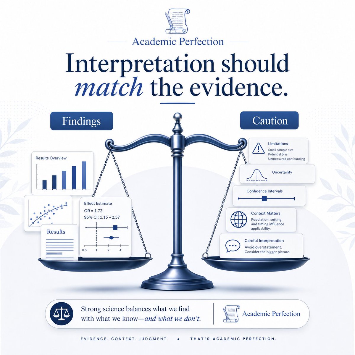 AcademPerfect's tweet photo. Results report findings. Interpretation explains meaning. Strong manuscripts keep conclusions proportionate to the evidence and honest about uncertainty.
#academicperfection #ScientificWriting https://t.co/uN2H95G6n4
