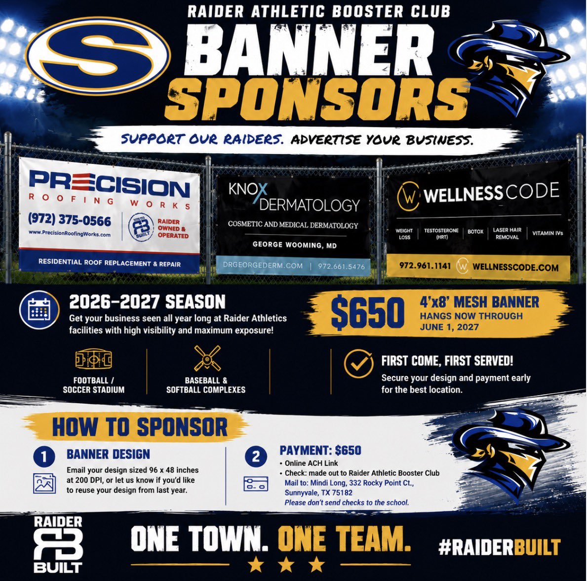 RaiderBuilt's tweet photo. Support Raider Athletics! 

The Raider Athletic Booster Club is looking for 2026–2027 Banner Sponsors!

For $650, your business gets a 4’x8’ banner displayed at Raider Athletic facilities all year long. 
📧 Mindi Long: mindi@longevity.marketing
#RaiderBuilt https://t.co/hFVDTciEvj