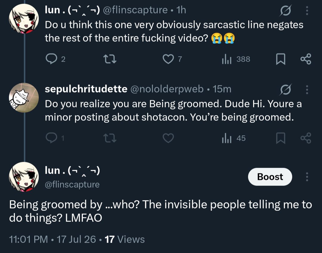 flinscapture's tweet photo. I like how people on here roleplay as Child Saviors and then immediately backtrack on this. Why say im being groomed if you don't even care if i am or not lol Wjat do u gain 😂 https://t.co/7HPgOgk3GD