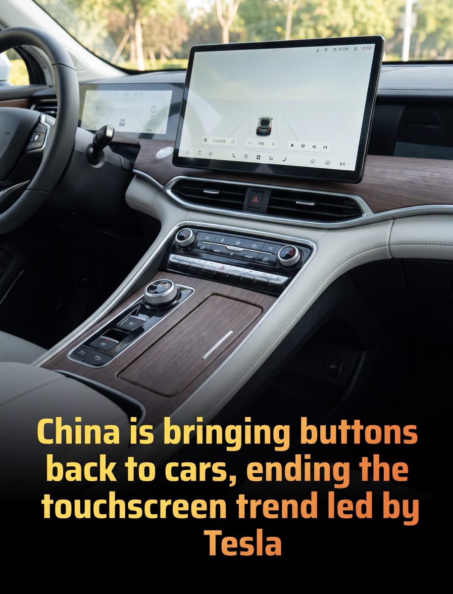 ShiningScience's tweet photo. China just passed a law mandating physical buttons for 19 essential, safety-related vehicle functions.

The era of the all-digital dashboard is hitting a regulatory roadblock as China officially clamps down on the automotive industry's obsession with touchscreens. Under newly finalized regulations set to take effect on July 1, 2027, automakers will be legally required to equip vehicles with physical controls for 19 essential safety functions, including turn signals, windshield wipers, hazard lights, and the gear shifter. 

While migrating controls to touchscreens has allowed manufacturers like Tesla and various electric vehicle startups to streamline production, cut costs, and offer sleek designs, it has also sparked safety concerns. Drivers often face dangerous distractions and laggy software when trying to perform basic driving operations, prompting a major regulatory correction.

This regulatory pushback is not a localized anomaly but rather part of a broader global movement prioritizing tactile safety over high-tech minimalism. In Europe and the UK, the Euro NCAP safety organization began docking points starting in 2026 for vehicles without dedicated physical switches for core safety functions, threatening their coveted five-star safety ratings. China’s new mandate is even stricter, dictating precise usability rules and button sizes, and follows another recent Chinese ban on hidden, pop-up door handles that can trap passengers during emergencies. As safety authorities clamp down, the automotive world is being forced to quickly pivot back to intuitive, tactile cabins where drivers can keep their eyes on the road.

source: Dow, J. (2026). China is bringing buttons back to cars, ending trend led by Tesla. Electrek.
