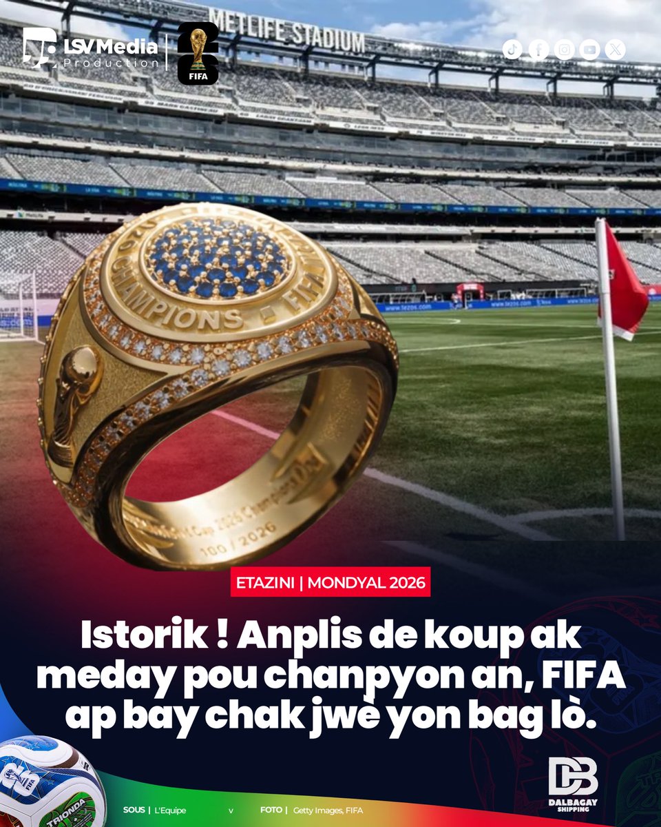LuckNews88's tweet photo. ⭕️ENFO | Se FIFA li menm ki anonse sa. Pou final mondyal 2026 la kap fèt New York,🇺🇸dimanch 19 jiyè kap vini la, chanpyon an pap resevwa koup🏆ak meday🥇sèlman. Daprè sa responsab yo presize, gen yon nouvo senbòl komemoratif yap jwenn, ki se yon bag chanpyon.💍FIFA di yo pran tradisyon espòtiv sa sou ameriken yo ki konn bay bag, sitou nan final match Baskètbòl.🏀« Bag kap gen pou bay dimanch lan fè pati yon edisyon limite, ki gen ladann plis pase 2,000. Rès bag kap rete yo ap komèsyalize,💰fanatik atravè mond lan ap ka achte », se sa FIFA eksplike. Chak bag ap gen yon nimewo, yap fèt sou mezi dwèt chak jwè, e yap remèt yon sètifika otantisite pou li. Sepandan, se yon sèl bag kòm egzanp @FIFAcom ap remèt kapitèn ekip ki chanpyon an nan jou a. Bag pou tout lòt jwè yo, FIFA ap gen pou pèsonalize yo avan yo remèt yo. Nap note, chak bag ap gen desen koup la sou li, epi sou tèt li yap mete koulè ak idantite peyi ki chanpyon an | @lequipe