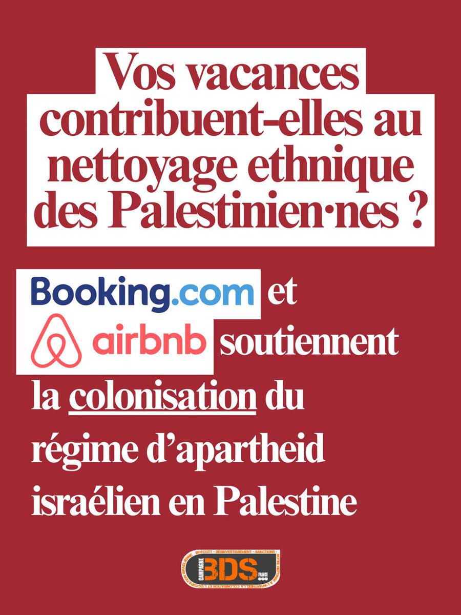 Patriote_101's tweet photo. Airbnb et https://t.co/bU7xT9p8Uv font partie des cibles de la campagne « No Room for Genocide » par leur complicité avec l’État colonial israélien 
 
#NoRoomforGenocide #StopBookingApartheid https://t.co/0vdlX8Ydrw