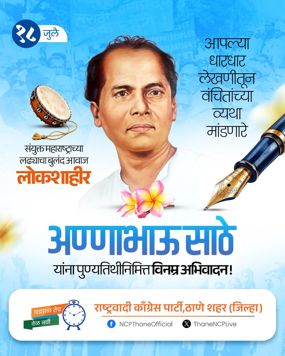 ThaneNCPLive's tweet photo. लोकशाहीर अण्णाभाऊ साठे यांनी आपल्या जिवंत व प्रवाहित साहित्यातून वंचित, उपेक्षितांच्या व्यथा मांडल्या. आपल्या शाहिरी बाण्यातून सामाजिक परिवर्तनाचा मार्ग दाखवणारे, संयुक्त महाराष्ट्र चळवळीतील बुलंद आवाज, लोकशाहीर अण्णाभाऊ साठे यांना पुण्यतिथीदिनी विनम्र अभिवादन!

#annabhausathe https://t.co/JfRDPLHXZW