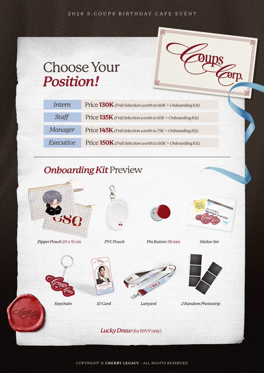 coupsistt's tweet photo. ✨ 2026 S.COUPS Birthday Cafe Event ✨
Office Break with the Boss
Event by @CherryLegacy
📍 https://t.co/cmcswZALym Coffee, Tea & Good Bites, Blok M Hub
📅 8–16 August 2026
🔗RSVP LINK:
https://t.co/ZBsLBilvuG
#COUPSCORP #에스쿱스 #SCOUPS #SEUNGCHEOL #SCOUPSBirthdayEvent https://t.co/op2Gj2BNvR