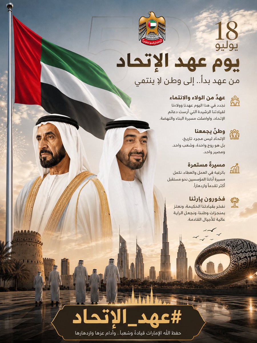 aldeeb2022's tweet photo. في يوم عهد الاتحاد، نجدد الولاء والانتماء لوطنٍ صنع المجد بالوحدة، ورسّخ قيم العطاء والإنجاز. نسأل الله أن يحفظ دولة الإمارات العربية المتحدة، ويديم عليها نعمة الأمن والاستقرار والازدهار، وأن يوفق قيادتها الرشيدة لما فيه خير الوطن والمواطن. 🇦🇪

#عهد_الإتحاد https://t.co/785VS2AaP1