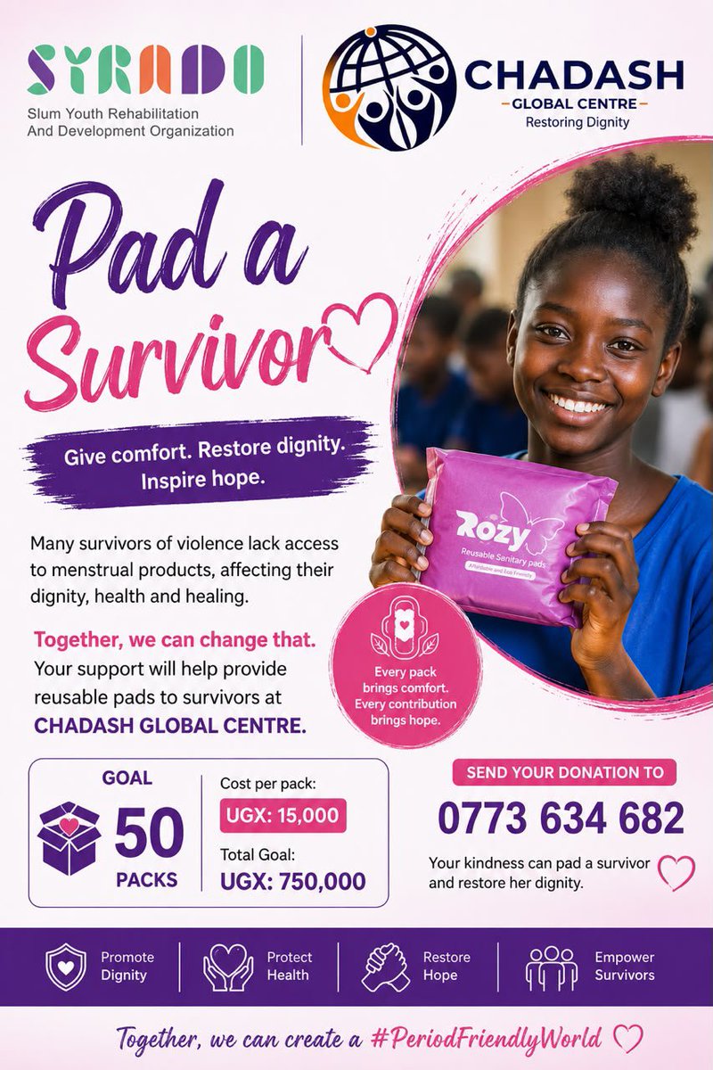 syradouganda's tweet photo. This July, it's perfect time to make a difference.
Every reusable pad pack you sponsor is more than a donation; it's a message of hope, dignity, and healing for a survivor.
π Sponsor a pack today for UGX 15,000. π² 0773 634 682
#PadASurvivor #RestoreHope #EndPeriodPoverty https://t.co/UeE4pvEcpf