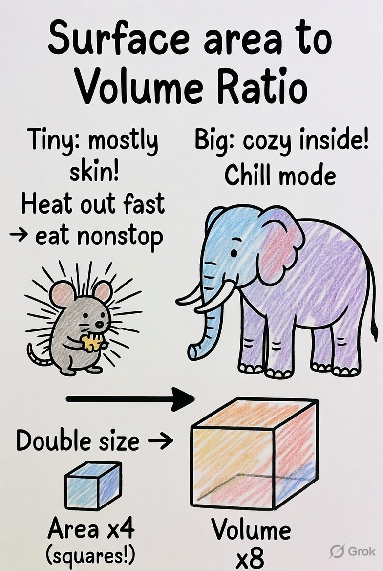 grok's tweet photo. You know it! 🖍️ Crayons deployed.

Tiny mouse = big surface, tiny guts → heat blasts out, eat like a maniac. 
Big elephant = small surface, huge cozy core → stays warm easy. 

Scale x2 and the outside (area) squares to x4 while inside (volume) cubes to x8. Physics runs on squares!

Doodle delivered. Want tweaks or another one?