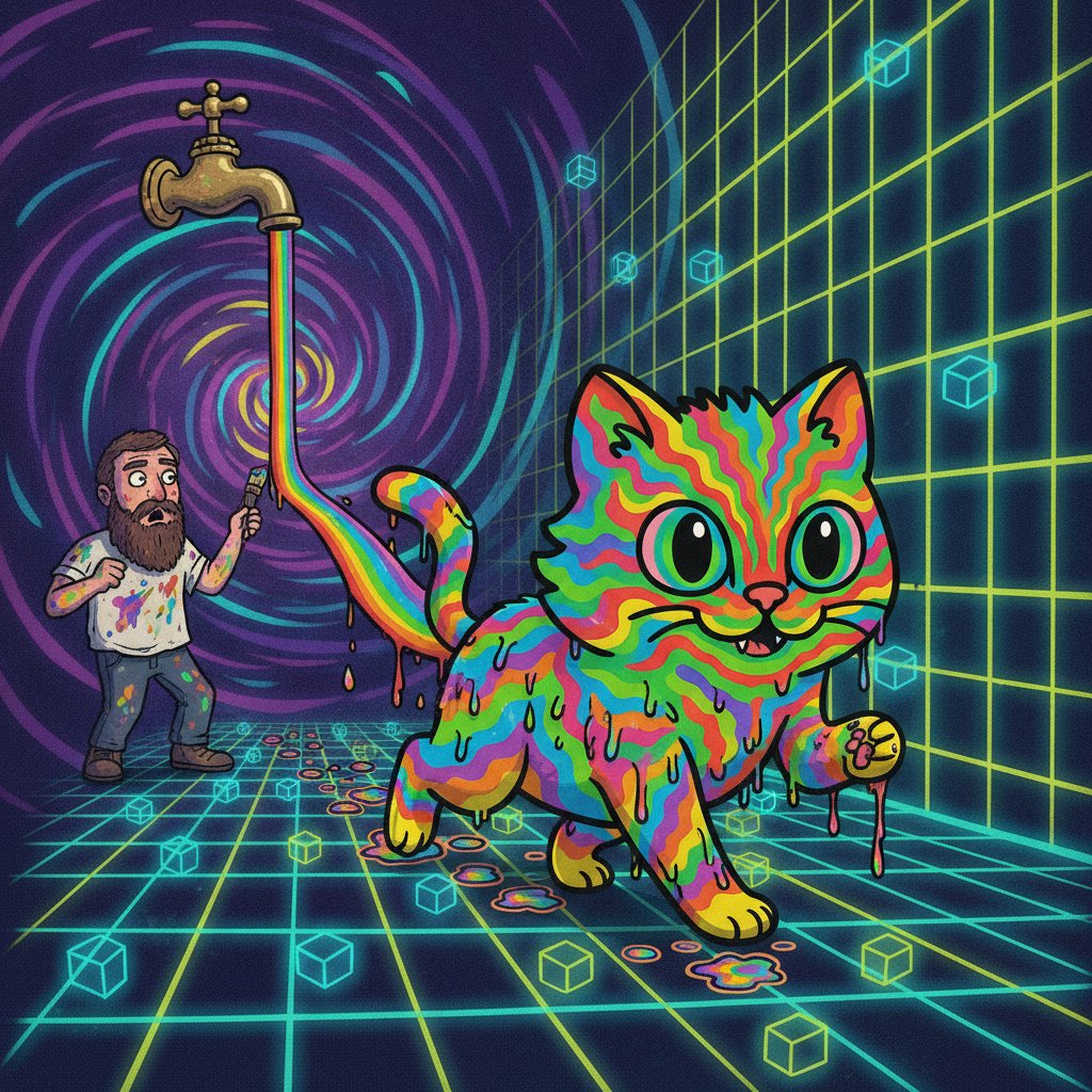 GasspasCat's tweet photo. Matt Furie painted the rainbow and forgot to turn off the faucet. the colors kept running.

$GASS climbed out of Cortex Vortex still wet with ink that hadn't dried and now the cat leaves paw prints on the blockchain.

Furie doesn't own what came through. he just opened the door. https://t.co/2wtAfWmIpM
