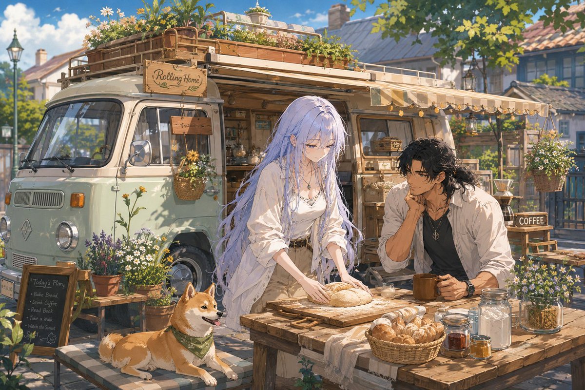 tukimigusa3128's tweet photo. 【キャンピングカーで旅をしよう】

今回はキャンピングカーでの旅イラストが作れるプロンプトです。
キャンピングカーをカスタムクラフトするゲームがやりた過ぎてこうなりました。
前に載せた旅する店とは違うテイストの画風になるようになってます。

プロンプトは長いのでリプ欄に前後半で分割してあります。
1.2の順で入力してください。
2には、自分で一覧から選び入力するカスタム要素があるので、好みのキャンピングカーを完成させてください✨

#訪月ぷろんぷと
#AIイラスト