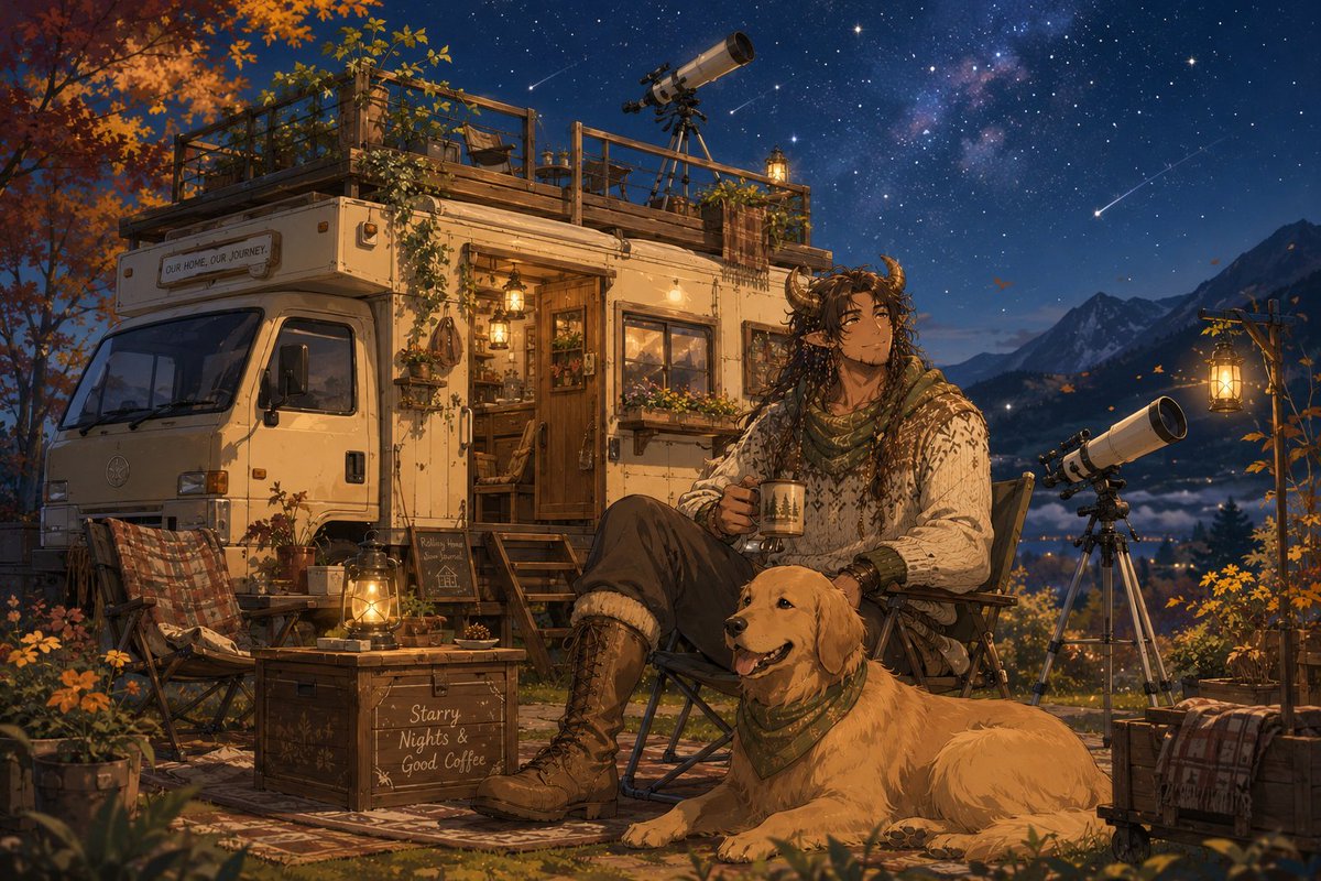 tukimigusa3128's tweet photo. 【キャンピングカーで旅をしよう】

今回はキャンピングカーでの旅イラストが作れるプロンプトです。
キャンピングカーをカスタムクラフトするゲームがやりた過ぎてこうなりました。
前に載せた旅する店とは違うテイストの画風になるようになってます。

プロンプトは長いのでリプ欄に前後半で分割してあります。
1.2の順で入力してください。
2には、自分で一覧から選び入力するカスタム要素があるので、好みのキャンピングカーを完成させてください✨

#訪月ぷろんぷと
#AIイラスト