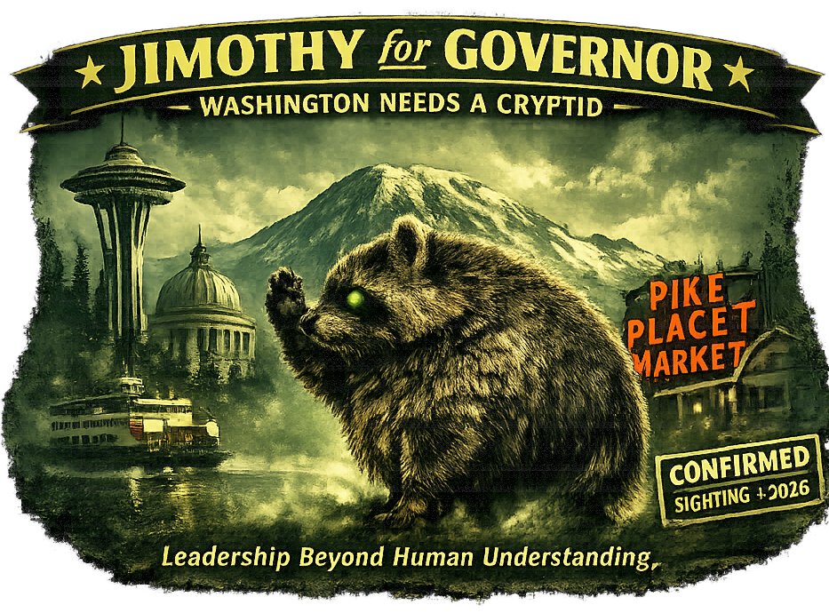 Necromorph_Toad's tweet photo. 'Jimothy' for Governor of Washington! 
#Jimothy #Seattle #Bothell #cryptids #necromorphictoad https://t.co/07GOjCPCpG
