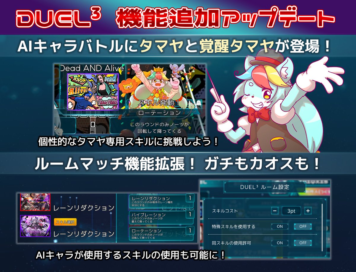 takumi_cubic's tweet photo. 【DUEL³ 機能拡張&ランクマッチ改善！】
7/18 19:00～ スキルを駆使してサビや難所を6曲通して対戦するモード「DUEL³」のアップデートを行います！

⚔️ AIキャラバトル⚔️ 
新たに「タマヤ」と「覚醒タマヤ」が個性的なスキルと共に登場！

🏠ルームマッチ機能追加🏠
AIキャラ限定スキルを使用したり、スキルコストを変更しての対戦が可能になります！

🔥ランクマッチルール更新🔥
アップシフト/ダウンシフトを同時に使用できなくなります。
volume上位層のマッチングロジックを改善しました。

進化した環境のDUEL³を是非遊んでみてくださいね！
#TAKUMI_Cubic