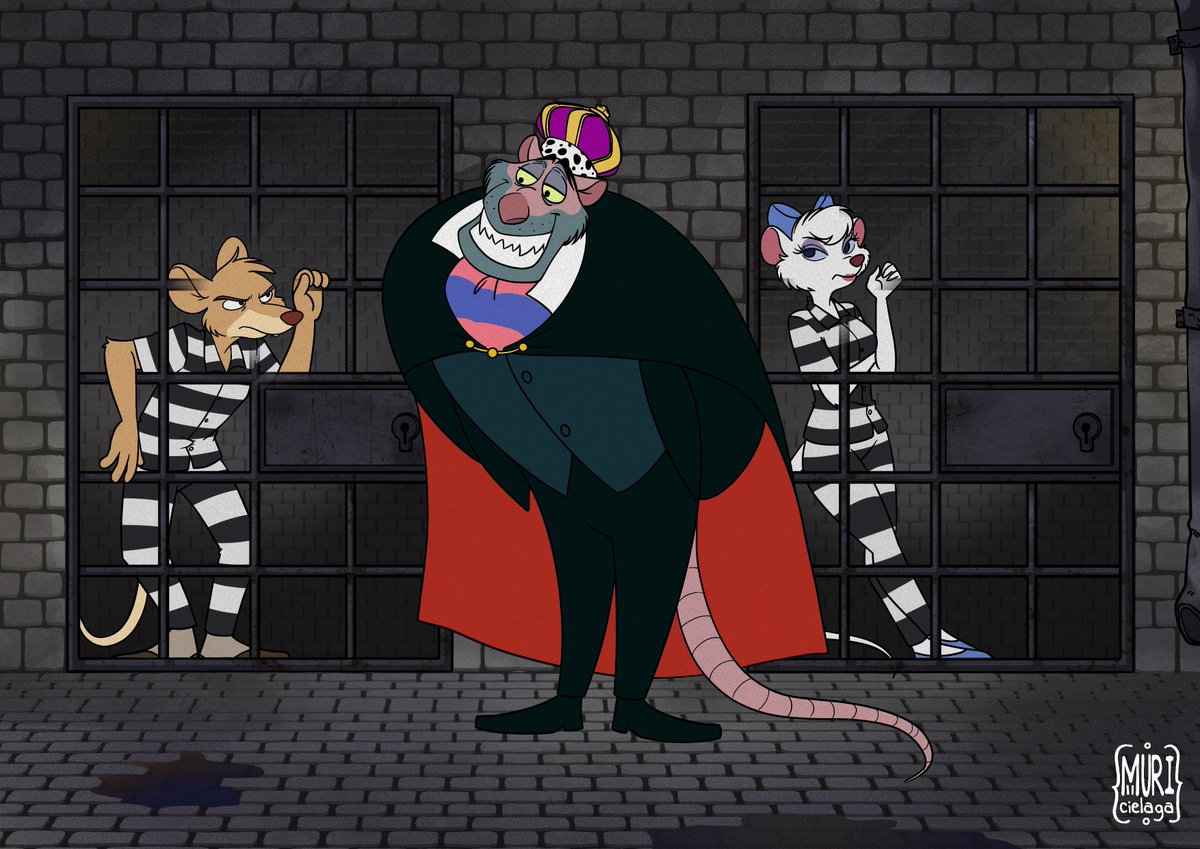 EB1987Land's tweet photo. Celebrating the 40th anniversary of The Great Mouse Detective, here's a different ending of the movie where Ratigan's evil plan worked 
(Poor Miss Kitty, I guess she really needed the money...)  

Commission drawn by muricielaga #greatmousedetective #disney #prison https://t.co/NwhYk6jlCv