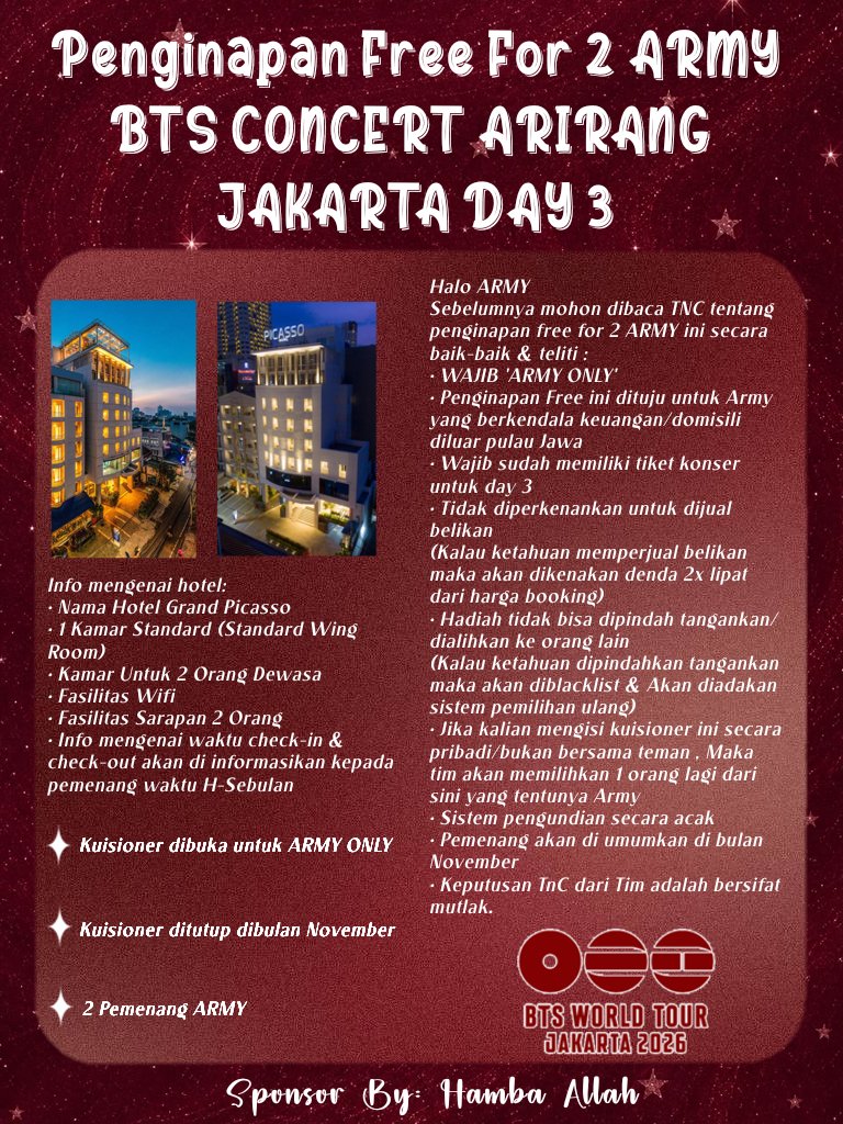 findijjkiest's tweet photo. Help Retweet & Share ARMY 

✨ INFORMASI PENGINAPAN GRATIS UNTUK 2 ARMY DI DAY 3 ✨

Halo Army,
Buat yang mau nonton BTS 'Concert Arirang Jakarta Day 3' tapi masih terkendala tempat Penginapan? Ada informasi nih 

🎁 Hadiah:
🏨 Penginapan GRATIS 1 kamar untuk 2 orang
🍽️ Termasuk sarapan untuk 2 orang
📶 Free WiFi
📍 Informasi lebih lanjut bisa kalian lihat digambar

Yuk, ikutan sekarang!
Silahkan isi kuisioner link gdrive dibawah ini.
Siapa tahu kamu jadi salah satu ARMY yang beruntung. 🍀

💜 Semoga Tuhan memudahkan langkah kita untuk bertemu BTS di Jakarta. Amin.