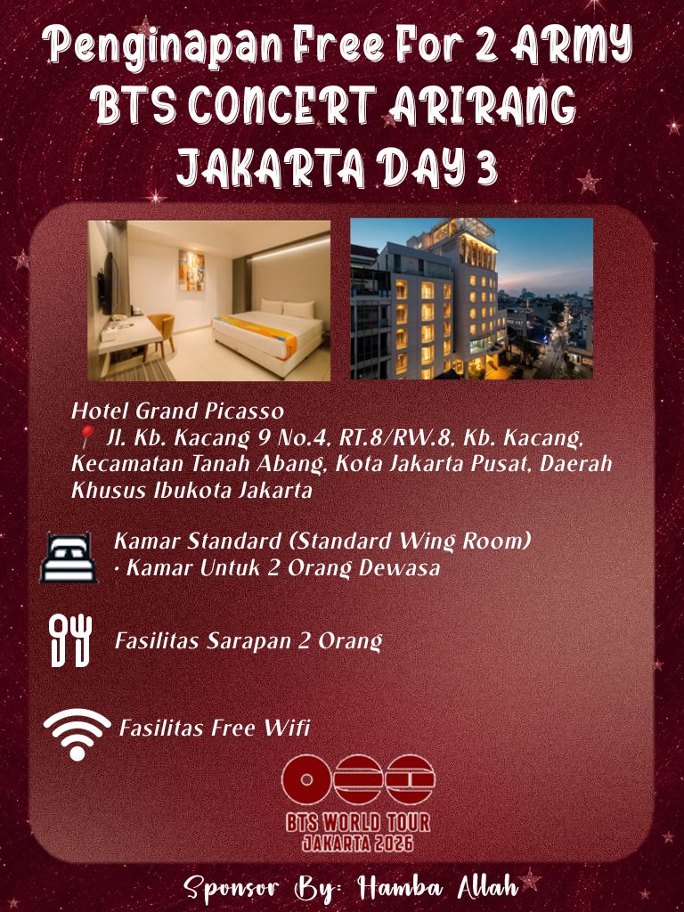 findijjkiest's tweet photo. Help Retweet & Share ARMY 

✨ INFORMASI PENGINAPAN GRATIS UNTUK 2 ARMY DI DAY 3 ✨

Halo Army,
Buat yang mau nonton BTS 'Concert Arirang Jakarta Day 3' tapi masih terkendala tempat Penginapan? Ada informasi nih 

🎁 Hadiah:
🏨 Penginapan GRATIS 1 kamar untuk 2 orang
🍽️ Termasuk sarapan untuk 2 orang
📶 Free WiFi
📍 Informasi lebih lanjut bisa kalian lihat digambar

Yuk, ikutan sekarang!
Silahkan isi kuisioner link gdrive dibawah ini.
Siapa tahu kamu jadi salah satu ARMY yang beruntung. 🍀

💜 Semoga Tuhan memudahkan langkah kita untuk bertemu BTS di Jakarta. Amin.