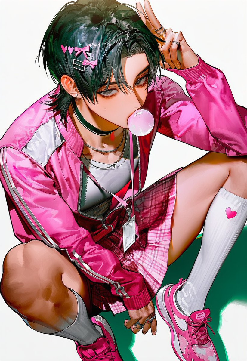 9ookwa's tweet photo. 3::extreme high angle::, full body, sit, knees up, looking at viewer, one arm up, hand on own head, v-sign,  3::bubble gum::, simple background, white background, vivid pink track jacket, grey shoulder panels, white sleeve stripes, pink plaid pleated skirt, white kneehigh socks, heart print, pink sneakers, layered necklace, lanyard, choker, pink hair bow, star hair ornament, rings