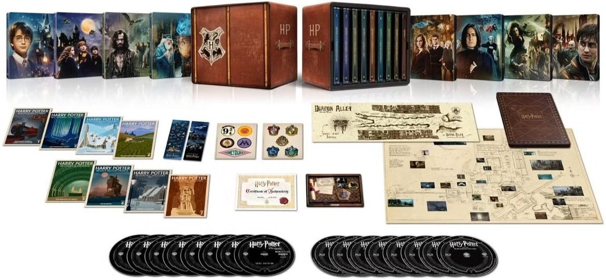 thehdroom's tweet photo. A new 25th Anniversary Harry Potter 8-Film 4K Ultra HD Steelbook set images have surfaced in Europe. Doesn't look like Dolby Vision or Dolby Atmos; just new packaging and swag. More to come.

2 discs (1 4K, 1 Blu-ray bonus features) for each of the 8 movies
8x Travel Posters
Certificate of Authenticity
Map of Diagon Alley
Reproduction of Marauder's Map
Stickers