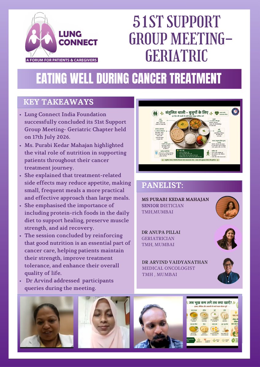 LungConnectIN's tweet photo. Highlights of our 51st support group meeting -Geriatric
Watch Here- https://t.co/fQpUdiDxOu
#LungConnectIndiafoundation #SupportGroupMeeting #CancerCare #CancerNutrition #NutritionDuringCancer #EatingWell #LungCancer #CancerSupport #PatientCare #Caregivers #GeriatricCare #HealthyEating #Dietitian #CancerAwareness #QualityOfLife #PatientEducation #StrongerTogether #HopeAndHealing #TMH #LungCancerAwareness #patientadvocacy