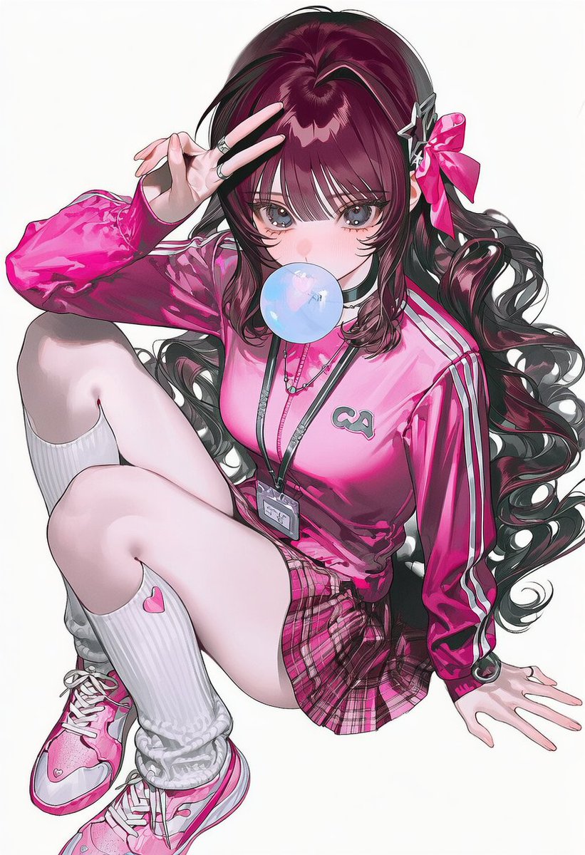 9ookwa's tweet photo. 3::extreme high angle::, full body, sit, knees up, looking at viewer, one arm up, hand on own head, v-sign,  3::bubble gum::, simple background, white background, vivid pink track jacket, grey shoulder panels, white sleeve stripes, pink plaid pleated skirt, white kneehigh socks, heart print, pink sneakers, layered necklace, lanyard, choker, pink hair bow, star hair ornament, rings