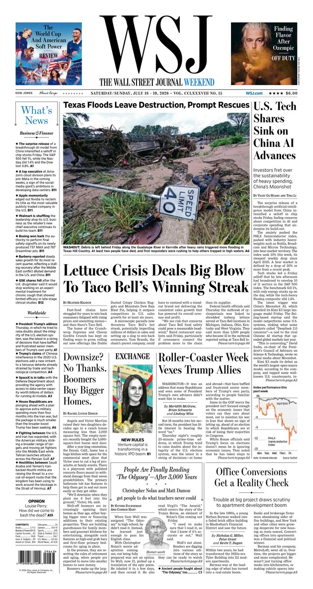 WSJ's tweet photo. Take an early look at the front page of The Wall Street Journal's weekend edition. https://t.co/sM068aMSIY https://t.co/M7TYbaLkzV