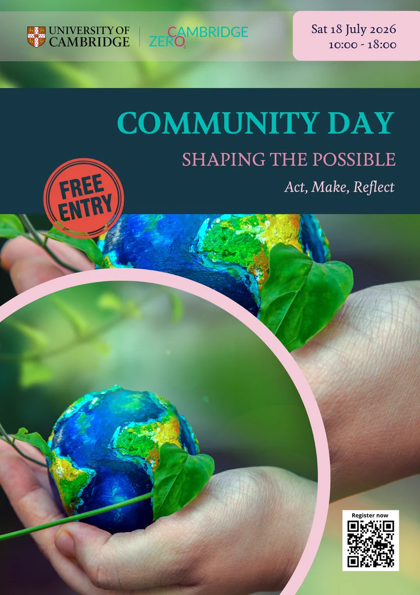 This is a poster for  the CZ Community Day. The event is scheduled for Saturday, 18 July 2026, from 10:00 to 18:00. The theme is "Shaping the Possible: Act, Make, Reflect." The poster features two hands holding a small, colourful globe with young plant leaves, symbolizing growth and sustainability. A "Free Entry" badge is displayed, and there's a QR code for registration.
