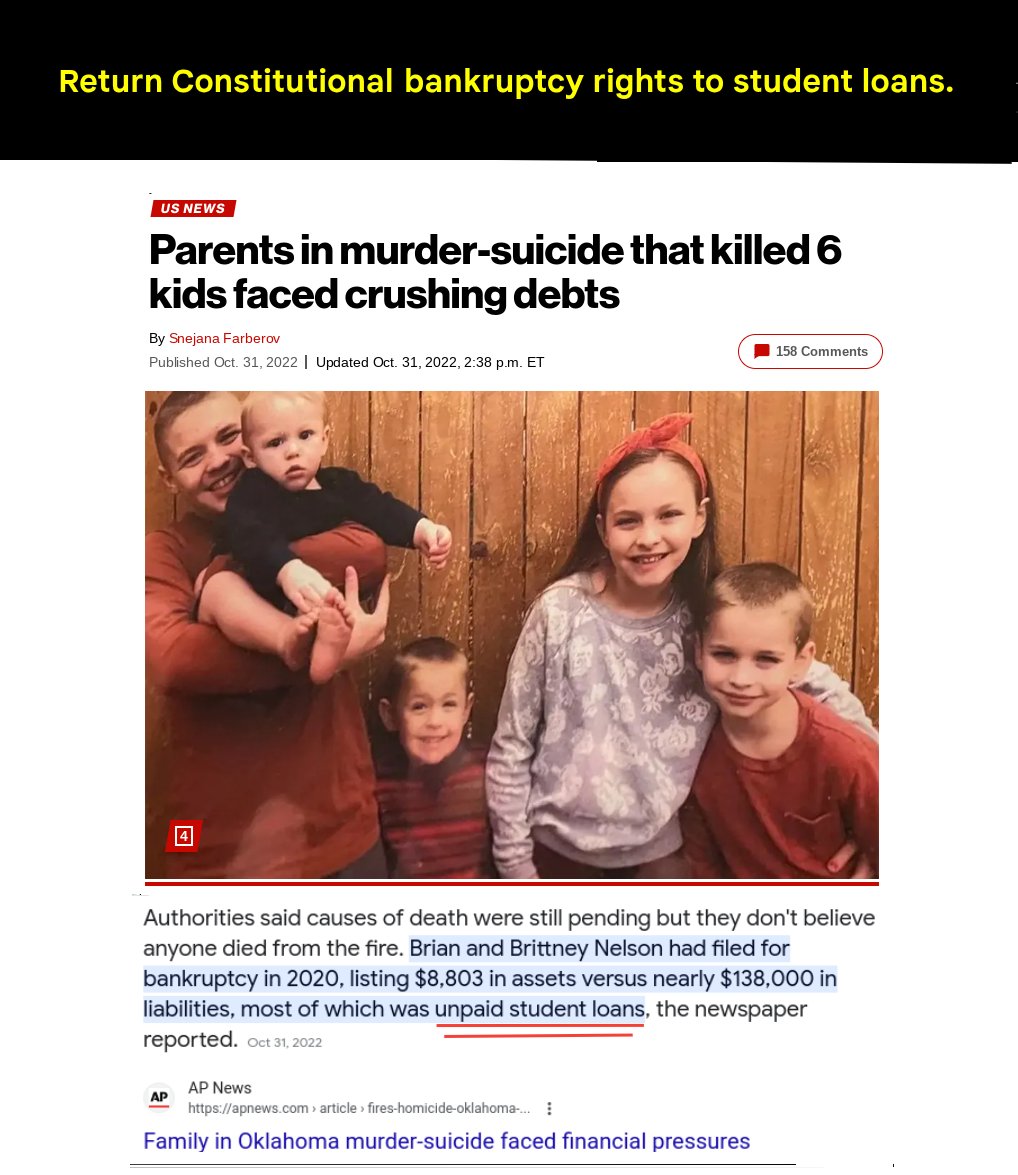 StudentLoanJus1's tweet photo. @meal_six @GOP Bullshit. 

THAT NEVER HAPPENED. 

Doctors don't just file bankruptcy fresh out of colleges.  They have reputations.  Lawyers can lose their licenses for a bankruptcy. 

LOOK AT THE FACTS AND STOP LYING. 

APOLOGIZE TO THESE PEOPLE YOU FRAUD. https://t.co/TRifyq3DTQ