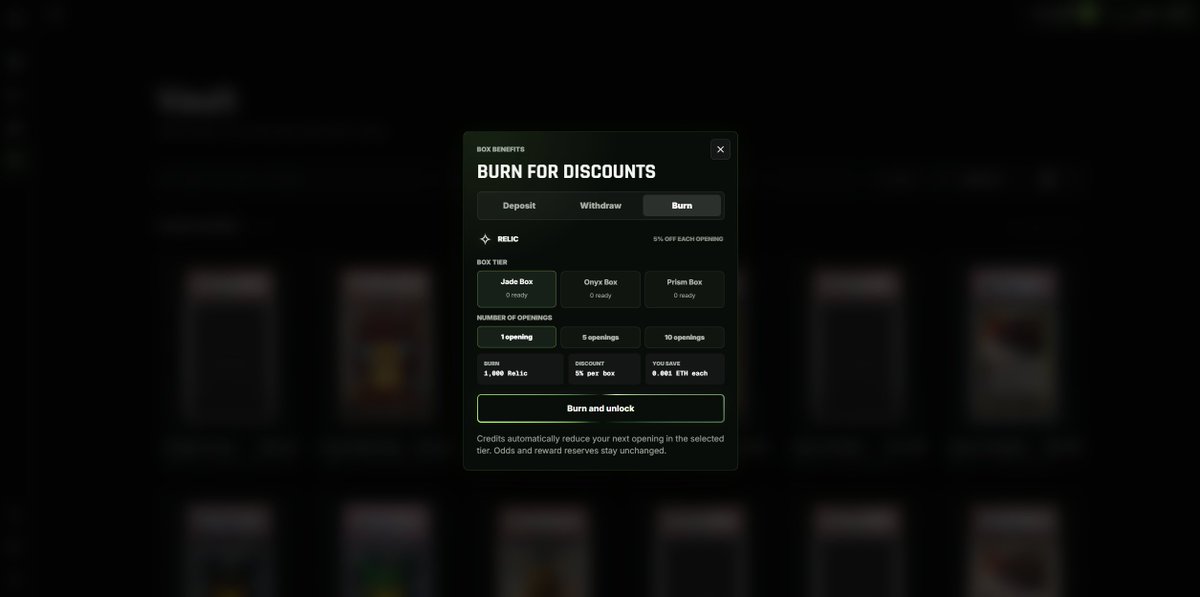 RelicMarkets's tweet photo. We have just introduced a new utility mechanic for our $RELIC token on our website.

Burn $RELICC. Unlock reduced pricing on future box openings.

The more you burn, the more discounted openings you receive. Box probabilities and reward pools remain unchanged.

Everything is fully live on: https://t.co/mE8KOWyqo3