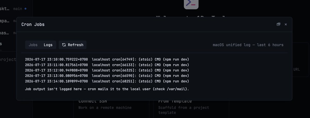 stoicsoft's tweet photo. Just shipped 1DevTool v1.48.0. You can now dock a live terminal beside any Markdown file in Reader Mode - run commands or talk to an AI agent without leaving the doc. Also new: a Cron Jobs manager, floating Agent Input, and Look Up right in the terminal. https://t.co/wYnQKDkaZo