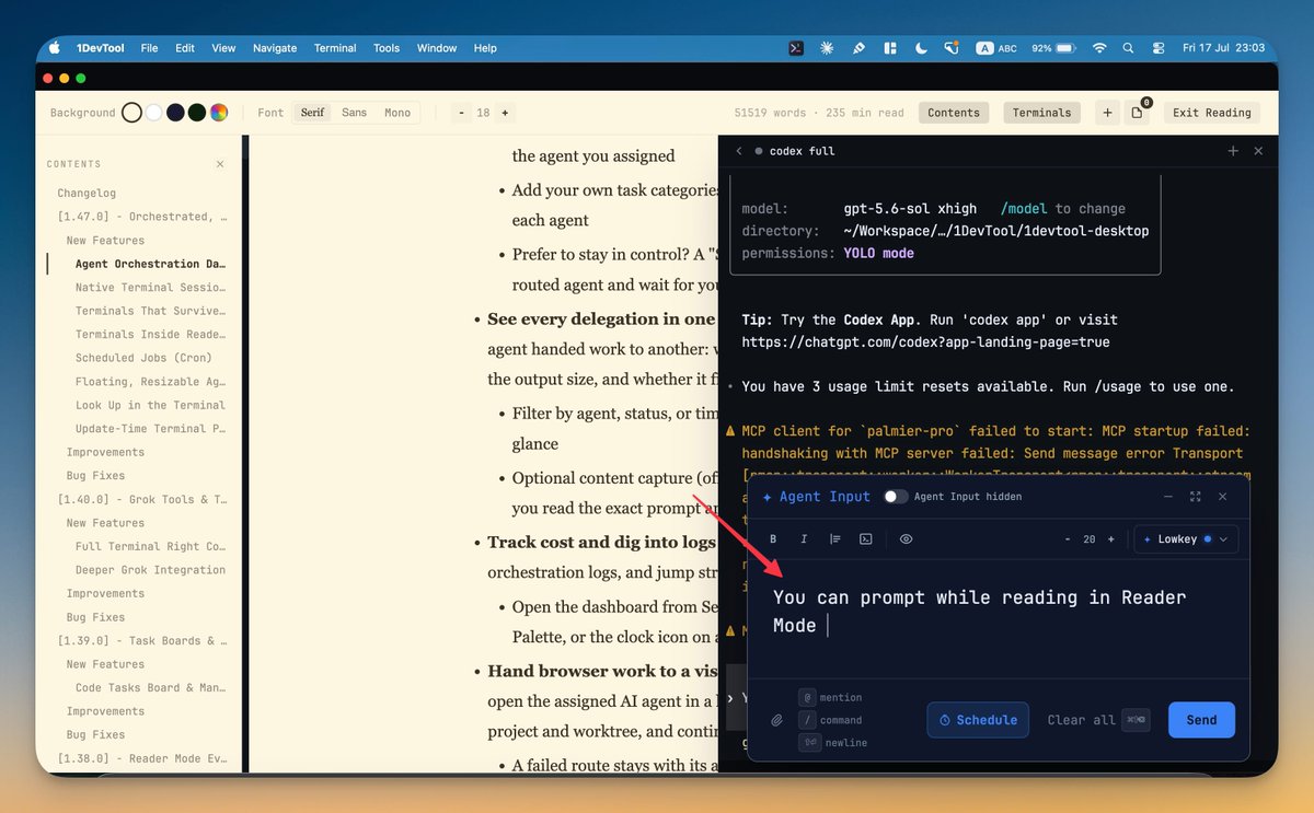 stoicsoft's tweet photo. Just shipped 1DevTool v1.48.0. You can now dock a live terminal beside any Markdown file in Reader Mode - run commands or talk to an AI agent without leaving the doc. Also new: a Cron Jobs manager, floating Agent Input, and Look Up right in the terminal. https://t.co/wYnQKDkaZo