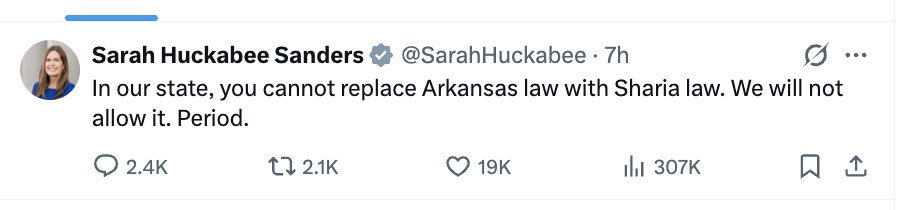 AmyMek's tweet photo. YOU DID IT ARKANSAS PATRIOTS! 

Because Arkansans are speaking out and demanding accountability, our reports have reached your leaders. 

Your clear stand - “We will not allow it [SHARIA]. Period.” - sends a powerful message to every state. We appreciate your leadership. 

RAIR will continue this vital work to defend our Constitution and sovereignty. 

@SarahHuckabee  thank you for taking notice of our reporting and speaking out so forcefully against replacing American law with Sharia. 

Over recent months, RAIR Foundation has exposed the accelerating Islamization of Arkansas:

The Muslim Brotherhood-linked Islamic Center of Little Rock building a massive 10-acre Sharia-compliant campus (school, mosque, gym, fields) while receiving state vouchers.

Properties transferred to NAIT, Al-Azhar-trained leadership, and non-assimilation goals at Huda Academy.

Mass Eid prayers conquering War Memorial Stadium.

Church takeovers, the “New Africa” Sharia residential enclave with enforceable Quranic rules, voter harvesting at mosques, and youth trips to radical hubs like EPIC in Texas.

WE THANK YOU FOR TAKING A STRONG STAND!