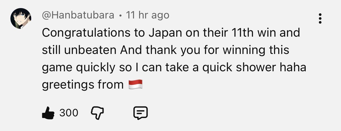 rjnyuuki's tweet photo. some comments on the japan vs belgium highlights video on youtube is so damn funny🤣🤣🤣 i too, was very glad they ended it in three for once🤣 https://t.co/tPzyjyp2U4