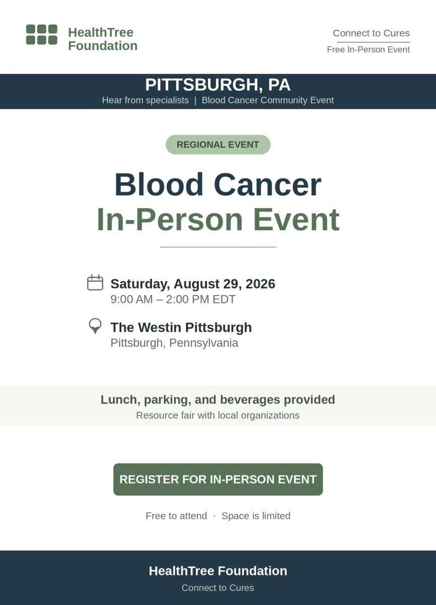 salmanf's tweet photo. I’m pleased to participate in HealthTree Connect to Cures in Pittsburgh!

Join me for “Big Decisions in Blood Cancer,” an interactive discussion and Q&A for patients and caregivers.

📅 August 29, 2026
🕘 9:15 AM
📍 The Westin Pittsburgh
@HealthTree @BloodCancerUtd @aamdsif 
@MDSFoundation @IMFmyeloma @MPN_RF @UPMCHillmanCC 
#BloodCancer #Hematology #HealthTree