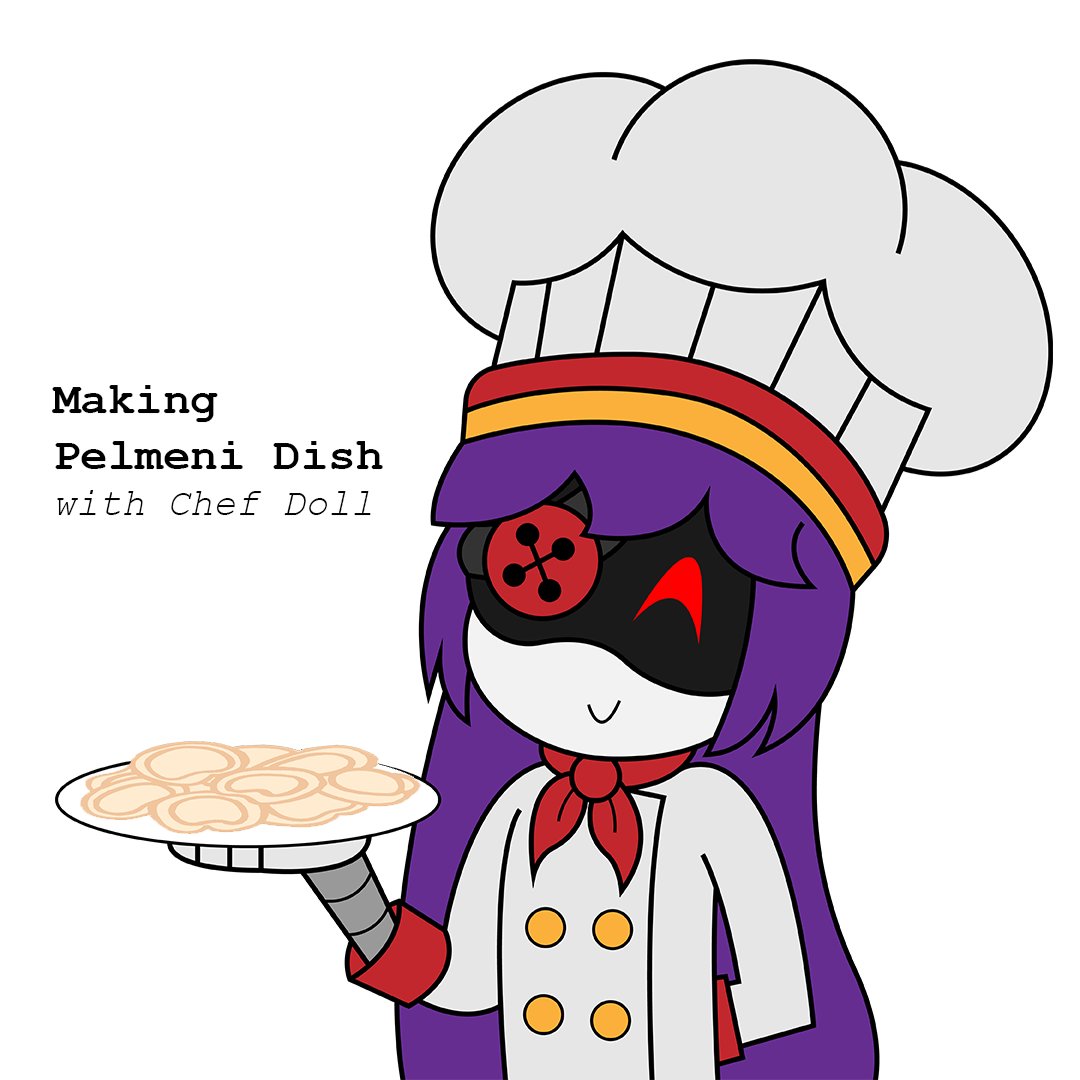 radcandybar's tweet photo. @EZBreezyVA I finally have an excuse to draw Doll with her favorite food!!!😅

Context: During the Murder Drones QnA segment at Momocon, Emma Breezy said that Doll's favorite food would be the Russian meat dumplings Pelmeni (and Vodka too)😋 https://t.co/Lu6kuEIUa4