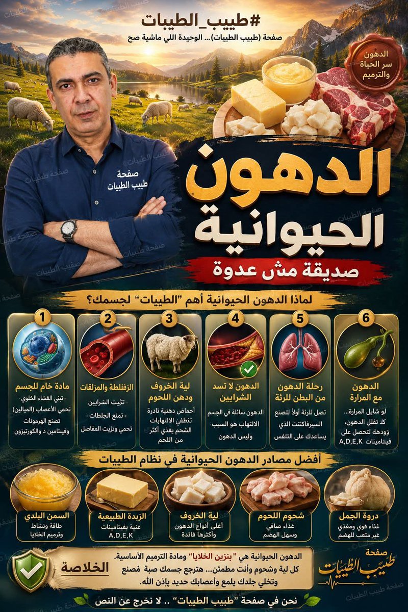 mdrmn140101's tweet photo. الدهون الحيوانية
بخصوص الدهون الحيوانية (زي لية الخروف، ودروة الجمل، وشحوم اللحوم، والسمن البلدي، والزبدة)، فالدكتور ضياء العوضي ونظام الطيبات بيعتبروها هي "أصل التغذية" وعصب الحياة للجسم، وهي من أهم "الطيبات" اللي لازم تكون موجودة 
#نظام_الطيبات 
#ضياء_العوضي
@AliAli137278 https://t.co/US8ip4RQbN