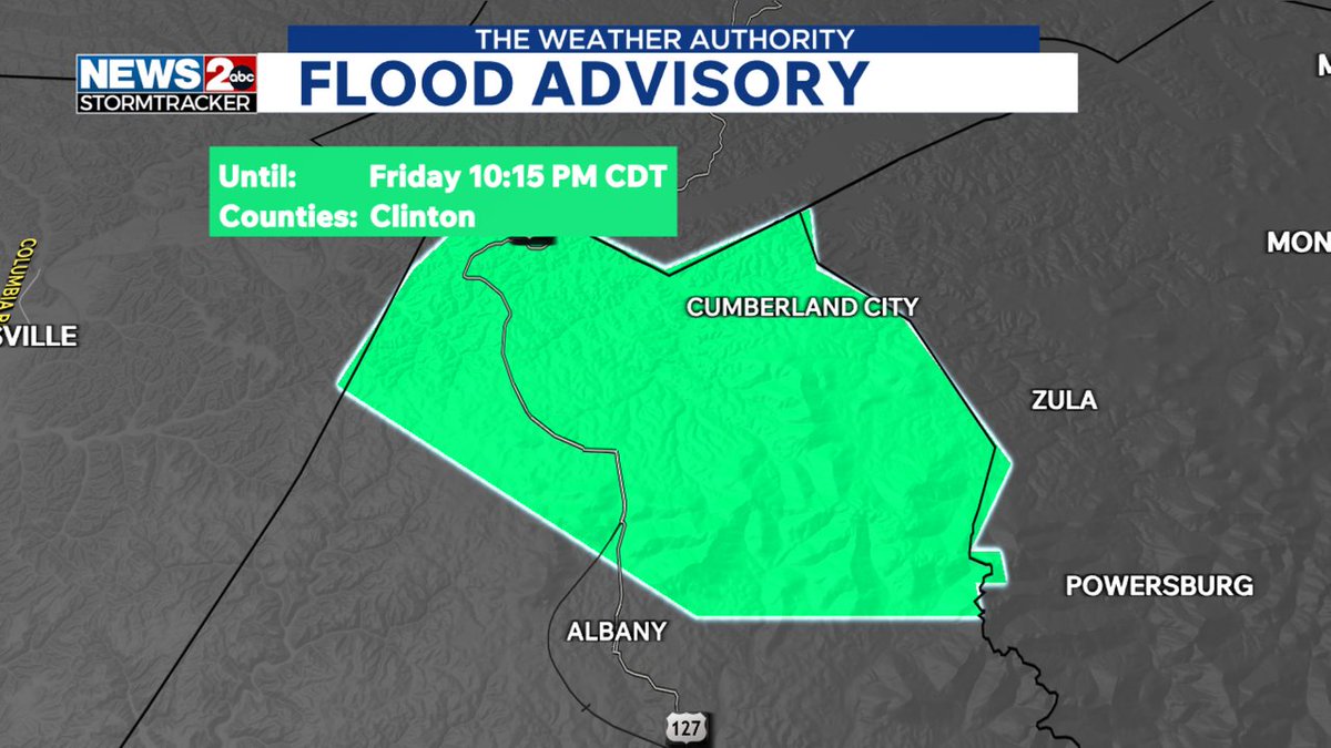 WKRN's tweet photo. WEATHER ALERT: Flood Advisory for the area in green. Stay tuned to #wkrn. Interactive Radar - https://t.co/TLRW0fmtI9 #WeatherAuthority https://t.co/ahB1avF4pe