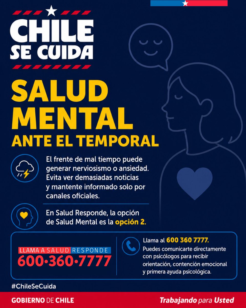 Salud_Responde's tweet photo. El frente de mal tiempo puede generar nerviosismo o ansiedad. Infórmate por canales oficiales y evita la exposición constante a noticias. Para orientación, llama a Salud Responde al 600 360 7777, opción 2, o visita https://t.co/BvflhYJizs #ChileSeCuida https://t.co/imCzpl5j1O