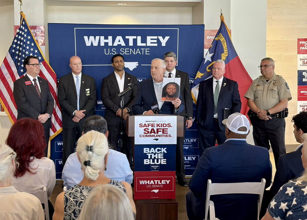 WhatleyNC's tweet photo. Roy Cooper failed to keep our families safe and 25 people are dead because of his reckless actions. 

Proud to be join Sheriff Van Shaw, Sheriff Jeff Crisco, @BradOvercash, @BrianEchNC, and @CampbellforNC in Cabarrus County today to call out Roy Cooper’s catastrophic pro-crime policies. 

As your Senator, I will always BACK THE BLUE to keep our kids and our communities safe.