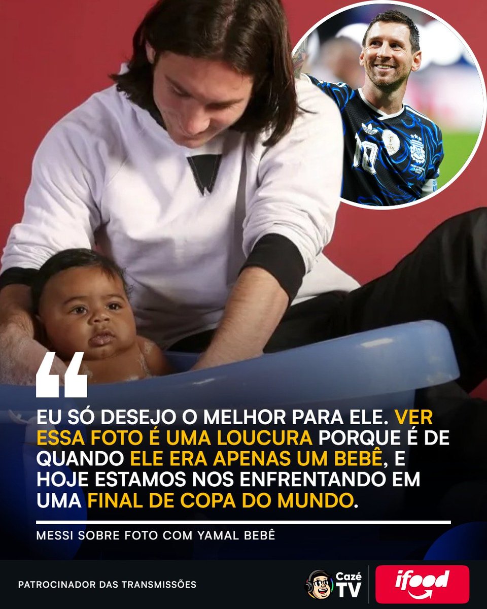 CazeTVOficial's tweet photo. "UMA LOUCURA!" 🤯
Foi assim que Lionel Messi definiu a sensação de ver a sua foto com Yamal quando ainda era um neném, e hoje estarem frente a frente em uma final de Copa do Mundo. 

SURREAL MESMO 😂 https://t.co/0fART2SzFH