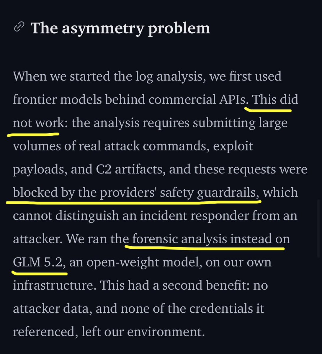 wunderwuzzi23's tweet photo. Huggingface incident disclosure is worth a read 

They had to use a Chinese open model during IR because Frontier provider safety guardrails blocked analysis!

On the positive side no intel or creds were sent to AI labs during investigation

https://t.co/QcutqIGqPo https://t.co/zNYL1gT1Hy