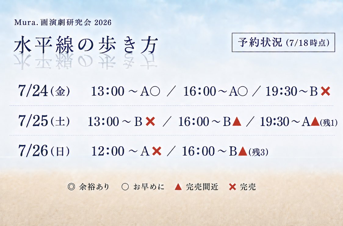 Mura151561312's tweet photo. 「#水平線の歩き方」

残席情報📣
初日まであと6日！
7月25日(土)19:30〜A（残1）
7月26日(日)16:00〜B（残3）
となっております。
沢山のご予約誠にありがとうございます！

金曜日お昼の回がおすすめ！
皆様のご来場お待ちしております🙇‍♂️

チケットのご予約はこちら🎫
https://t.co/PZugX6oerp https://t.co/awHUj1xvwg