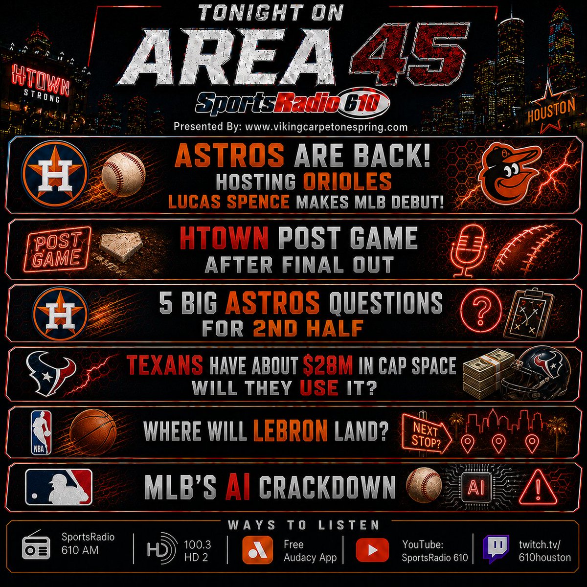 PCreighton1's tweet photo. HOUSTON'S ONLY LIVE & LOCAL EVENING SPORTS RADIO SHOW!
#AREA45 @Sportsradio610 7-11p
#Astros #Texans #MLB #NBA '@ShaunBijani @Collin_TheGame https://t.co/u5jnrsrjbc