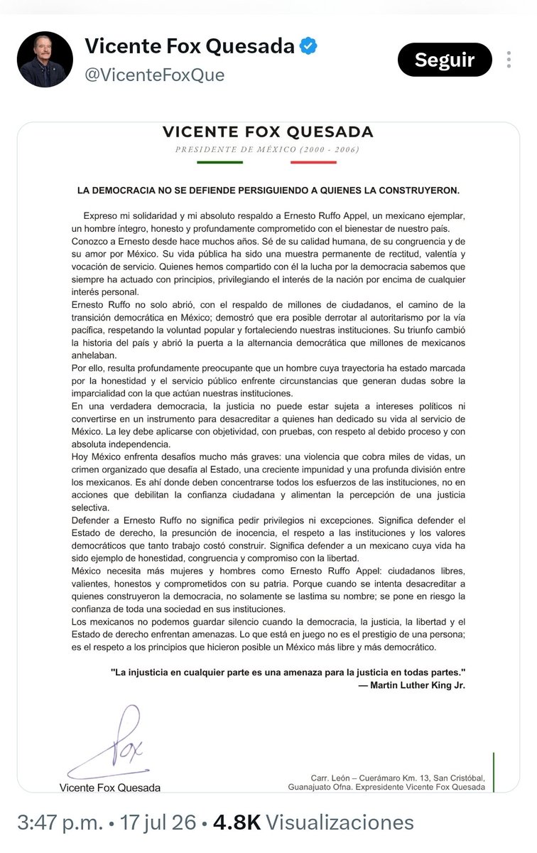 catrina_nortena's tweet photo. 🚨 Vaya, vaya

Ahora resulta que el Mariguas de @VicenteFoxQue que dejó escapar a El Chapo y que ordenó el desafuero ilegal de AMLO ahora se cree que tiene la autoridad moral para pedir la liberación de su Exgobernador Ernesto Ruffo que resultó ser el HUACHICOLERO FISCAL más grande del país.

El chiste se cuenta solo...