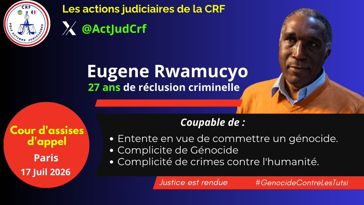 ActJudCrf's tweet photo. ⚖️ Procès Rwamucyo : Après 15 heures de délibération, le verdict est tombé à minuit 30'. L'accusé est condamné à 27 ans de réclusion criminelle pour complicité de génocide,de crimes .. confirmant ainsi la décision de première instance rendue en 2024. Il a réintégré sa cellule. https://t.co/HuKAhnNb3Q