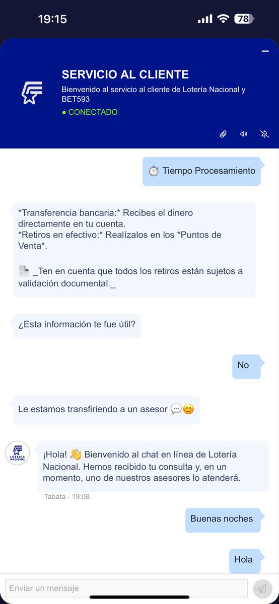 pedritoD10Z's tweet photo. @LoteriaNacJBG por favor será factible que alguien me pueda ayudar en servicio al cliente, llevo días tratando de que me ayuden con tema de la plataforma BET593 y nadie me da respuesta o solución .. me tienen colgado con el bot y no tengo una respuesta https://t.co/lb8wPXJTYZ